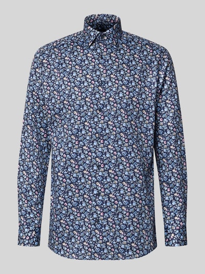 Produktfoto, Regular Fit Businesshemd aus Baumwolle mit Kentkragen von OLYMP, Allover-Blumenmuster, blaue Grundfarbe, Knopfleiste, Rückenlänge 80 cm, Schulterbreite 47 cm, Ärmellänge 65 cm, reine Baumwolle