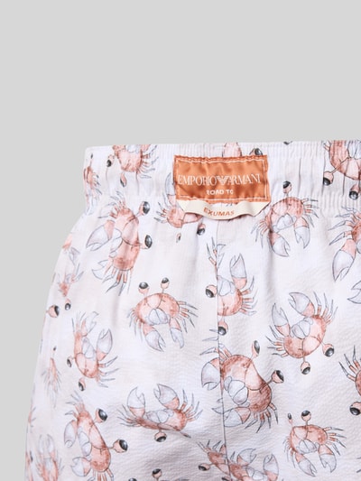 Produktfoto, Badehose im Allover-Look von Emporio Armani, weiß mit Krebs-Muster, elastischer Bund mit Tunnelzug, strukturierte Oberfläche