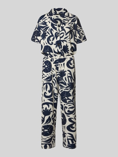Produktfoto, Jumpsuit mit floralem Allover-Print van Oui in elastische mix met getailleerde fit, korte mouwen, reverskraag, knoopsluiting, blauw-wit patroon, zachte textuur