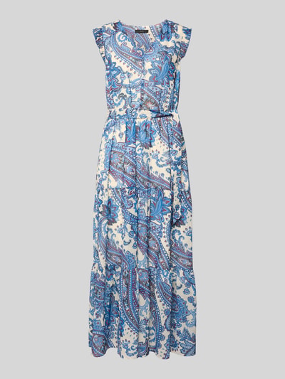 Productfoto, Midikleid im Allover-Look mit Bindegürtel van Oui, blauwe en witte A-lijn, v-hals, fijne structuur, dames midi, 129 cm ruglengte, 49 cm borstwijdte.
