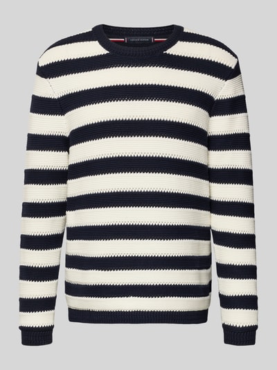 Produktfoto, Regular Fit Strickpullover aus reiner Baumwolle von Tommy Hilfiger, Optik:Allover-Muster, gestreift, Materialverarbeitung: Strick, Farbe: Schwarz-Weiß