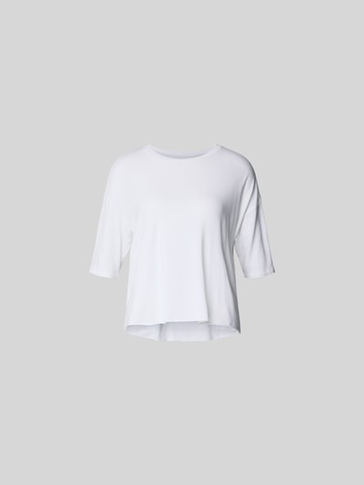 Produktfoto, Relaxed Fit T-Shirt mit Modal-Anteil von Juvia, Damen T-Shirt aus elastischem Baumwoll-Modal-Mix in Weiß auf grauem Hintergrund.