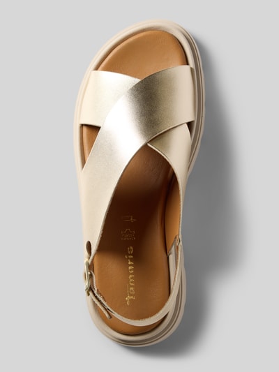 Produktfoto, Sandalen aus echtem Leder von Tamaris mit offenem Plateauabsatz, Strukturmuster, Dornschließe, beige-goldene Farbtöne, profilierte Sohle