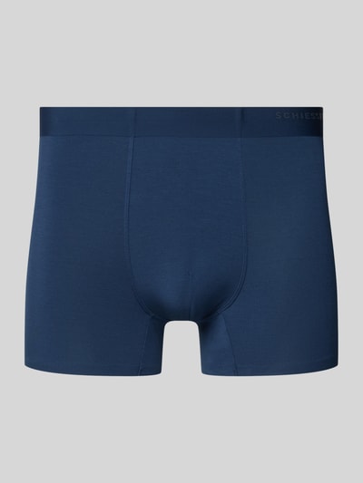 Produktfoto, Trunks mit elastischem Bund und Label-Detail von Schiesser in Dunkelblau, glatte Oberfläche, körpernahe Passform