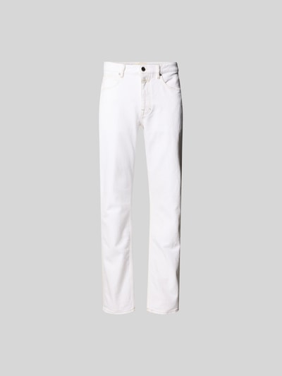 Produktfoto, Straight Fit Jeans mit Stretch-Anteil von Closed aus Baumwoll-Elasthan-Mix, weiß, 5-Pocket-Design, Kontrastnähte, Knopf- und Reißverschluss, Innenbeinlänge 81 cm, Bundweite 42 cm, für Herren