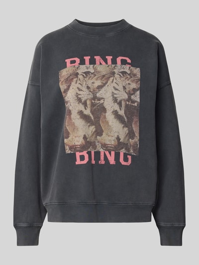 Produktfoto, Oversized Sweatshirt aus katoen van Anine Bing, zwart, Labelprint, Opstaande kraag, ribboorden, Ruglengte maat S 63 cm