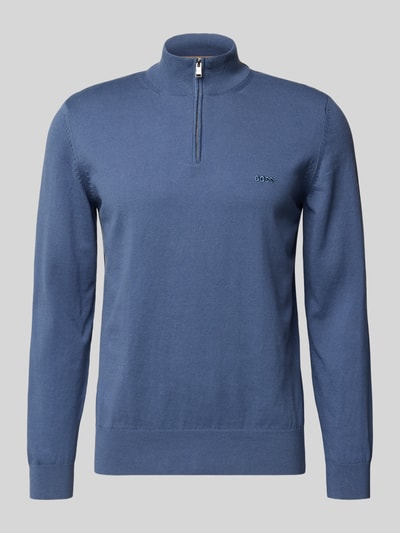 Produktfoto, Regular Fit troyer z czystej bawełny Model 'PADRO-L' od BOSS, jednokolorowy, dzianina, wyhaftowane logo, kołnierz zapinany, zamek błyskawiczny, długi rękaw, zakończenia prążkowane.