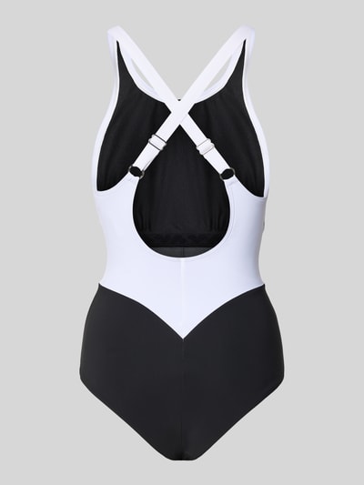 Produktfoto, Badeanzug mit Shaping-Effekt Modell 'Silvia' von Arena in Schwarz und Weiß, körpernahe Passform, glatte Textur, Stretch-Material, chlorbeständig, UV-Schutz, schnelltrocknend, B-Cup.