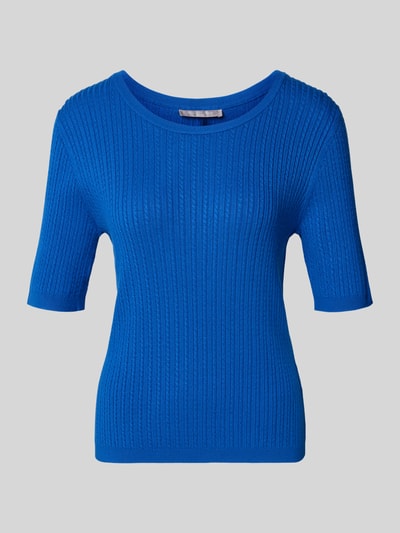 Produktfoto, Sim Fit Strickpullover aus Viskose-Mix mit Zopfmuster von Christian Berg Woman Selection in Blau, Rippstrick-Optik, 3/4-Arm.