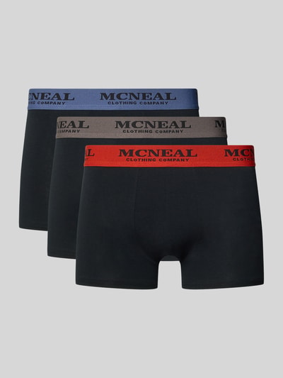 Produktfoto, Trunks mit elastischem Bund im 3er-Pack von MCNEAL, Baumwoll-Elasthan-Mix, körpernahe Passform, blaue, graue und rote Bundfarben