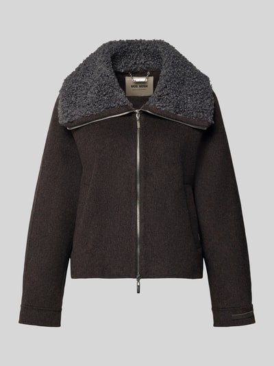 Produktfoto, donkere dames jack met platte kraag, tweewegritssluiting, Steekzakken, Model 'Bellamy Loisa' van MOS MOSH, regular fit, Ruglengte maat S 57 cm, schouderbreedte 46 cm, borstwijdte 50 cm, mouwlengte 60 cm, zachte stoffen, matte textuur
