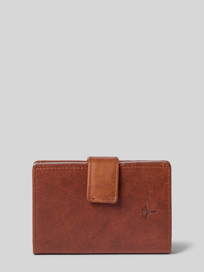 Produktfoto, Portemonnaie mit Logo-Detail Modell 'cerratano' von JOOP! COLLECTION aus braunem Leder mit glatter Textur vor grauem Hintergrund.