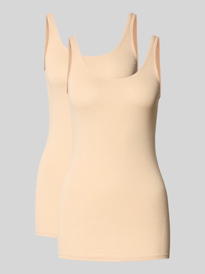 Produktfoto, Slim Fit Top aus mieszanka bawełny od Schiesser, kolor beżowy, okrągły dekolt, semitransparentny design, damski top.