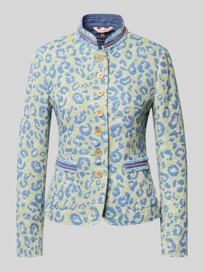Produktfoto, Slim Fit Blazer mit Allover-Animal-Stitching von WHITE LABEL aus Baumwoll-Mix in Gelb und Blau mit Stehkragen, aufgesetzten Taschen und durchgängiger Knopfleiste, Rückenlänge 58 cm, Brustweite 48 cm, Ärmellänge 64 cm bei Größe 36