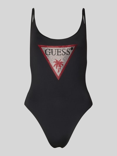 Produktfoto, Slim Fit Badeanzug mit Strasssteinbesatz von Guess in Schwarz, Elastischer-Material-Mix, Logo-Detail, Verstellbare Spaghettiträger, Rückenausschnitt