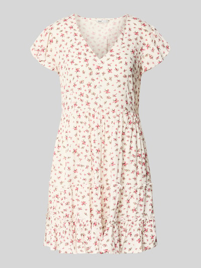 Produktfoto, Tailliertes Freizeitkleid aus reiner Viskose Modell 'CLAUDETTE' von Only, cremefarben mit rosa Allover-Muster, Mini-Länge, Volantsaum