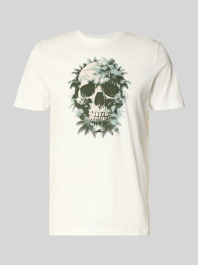 Produktfoto, Regular Fit T-Shirt mit Motiv-Print von Antony Morato z bawełny, krój regular fit, okrągły dekolt, długość tyłu w rozmiarze M: 69 cm, biały, nadruk z motywem czaszki z palmami