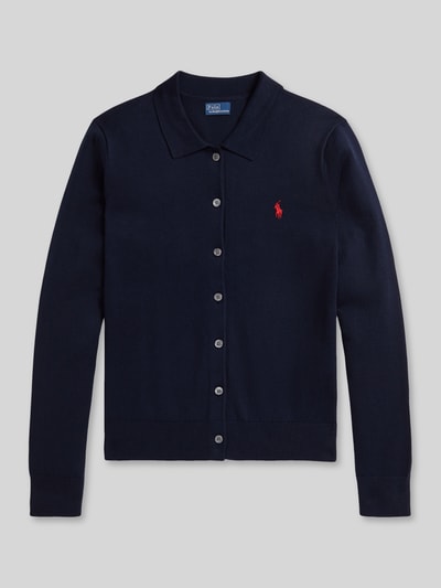 Produktfoto, Slim Fit Strickjacke aus Baumwoll-Mix von Polo Ralph Lauren in Uni-Dunkelblau, Feinstrick, Logo-Stitching auf Brust, einreihige Knopfleiste