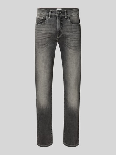 Produktfoto, Straight Fit Jeans aus elastischem Baumwoll-Mix Modell 'Lyon' von Pierre Cardin, szary efekt znoszenia, 5 kieszeni, szlufki na pasek, zapięcie na guzik i zamek błyskawiczny, szerokość w rozmiarze 32/32: 43 cm, długość wewnętrzna nogawki w rozmiarze 32/32: 81 cm