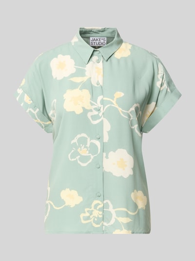 Productfoto, blouse uit zuiver viscose met vaste mouwomslag van JAKE*S STUDIO WOMAN, recht model, kentkraag, knoopsluiting, lichtgroen met crèmekleurige bloemen, gladde textuur