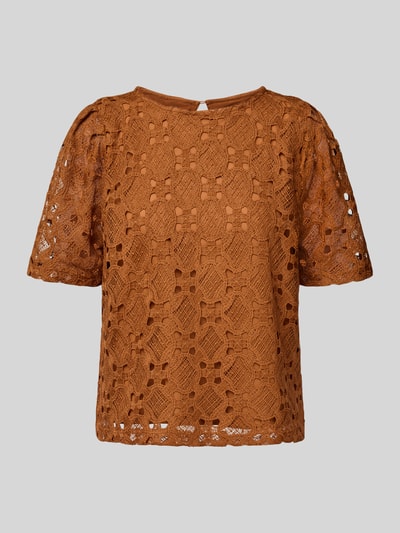 MORE & MORE Blusenshirt mit Lochstickerei und Rundhalsausschnitt Cognac 2