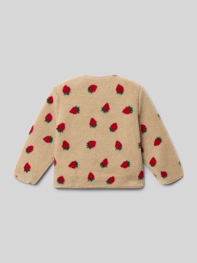 Produktfoto, beige farbene Regular Fit Teddy Fleecejacke mit roten Allover-Muster-Elementen und Label Patch, Modell 'GHOKY' von Only, Kinderjacke mit geradem, langem Ärmelabschluss, ohne Kragen und mit aufgesetzten Seitentaschen, Material: Teddyfleece