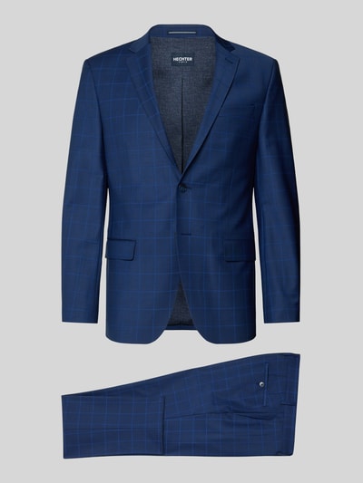 Productfoto, Regular Fit Anzugjacke mit Schurwoll-Anteil van HECHTER PARIS, elastische blauwe wolmix met ruitstructuur, reverskraag, dubbele knoopsluiting, maatinfo: taille 43 cm, ruglengte 75 cm, schouderbreedte 46 cm, mouwlengte 65 cm, binnenbeenlengte 83 cm.