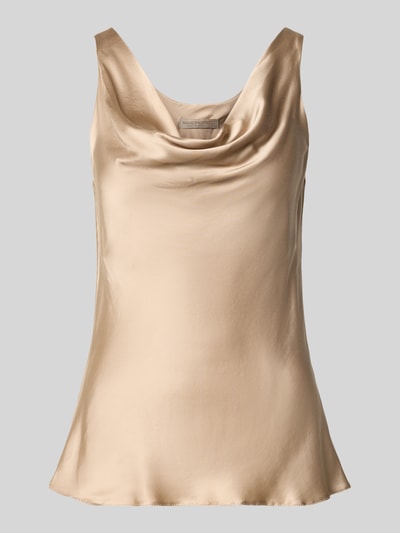 Produktfoto, Satintop mit Wasserfall-Ausschnitt von Rinascimento in Beige, glatte Satin-Oberfläche, gerader Schnitt, breite Träger, neutraler Hintergrund.