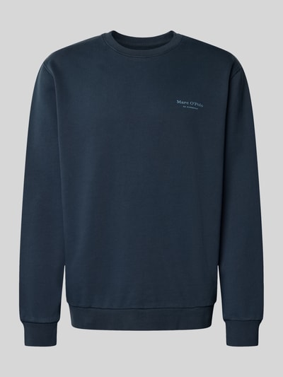 Produktfoto, Regular Fit Sweatjacke aus reiner Baumwolle von Marc O'Polo in Dunkelblau, unifarben, Sweatstoff, gerippte Abschlüsse, Label Print auf Brust.