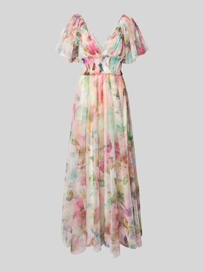 Produktfoto, Maxikleid mit Taillenband im Allover-Look von LACE & BEADS, tiul, krój taliowany, kolorowy wzór, dekolt V, pasek w talii, długość tyłu w rozmiarze S: 121 cm, szerokość w rozmiarze S: 34 cm, długość rękawa w rozmiarze S: 29 cm