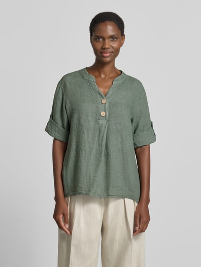 ZABAIONE Relaxed Fit Leinenbluse mit V-Ausschnitt Modell 'Is44sii' Khaki 4