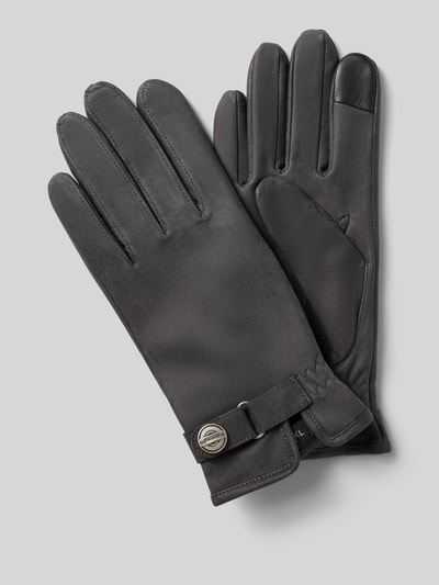 Produktfoto, schwarze Handschuhe aus Schafsleder mit Used-Look, Lederriemen und Halbsteppnaht, Modell 'Stanton' von Roeckl, Finger mit Touch-Funktion, Futter aus reiner Wolle