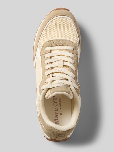 Productfoto, Low Top Sneaker aus Leder-Textil-Mix von Marc O'Polo in beige, unifarben, ronde neus, platte zool, mesh, suède, labelprint, vetersluiting, geprofileerde zool, dames, context uit de omschrijving.