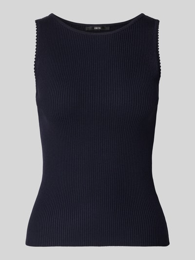 Produktfoto, Stricktop aus Viskose-Mix in Ripp-Optik von Zero in Dunkelblau, Slim Fit, Rundhalsausschnitt, strukturierte Oberfläche.