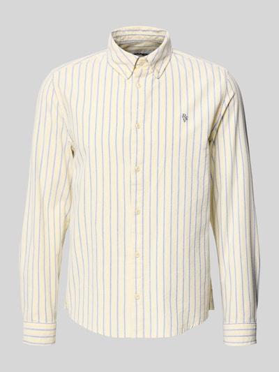 Produktfoto, Regular Fit Freizeithemd mit Button-Down-Kragen und Stitching von REVIEW, gelb-blau gestreift, reine Baumwolle, Marken-Label-Stitching