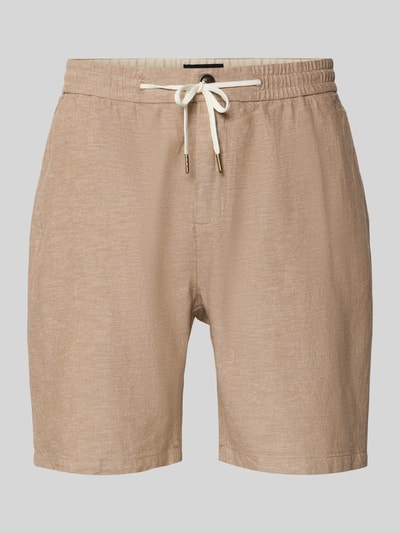 Produktfoto, Shorts aus Baumwoll-Leinen-Mix mit elastischem Bund von Scotch & Soda in Beige, Regular Fit, sichtbarer Tunnelzug, glatte Textur. Kontext: Herren Shorts, Bundweite 43 cm, Innenbeinlänge 20 cm.