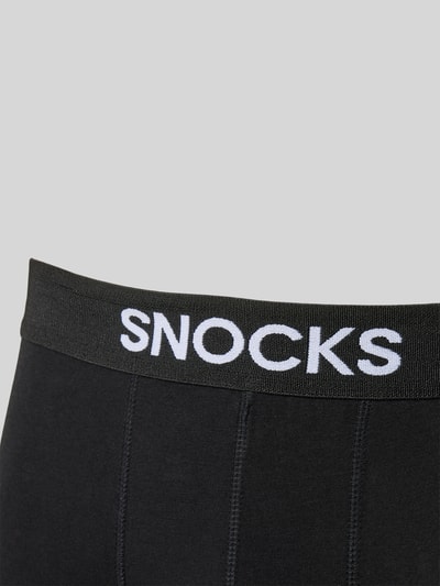Produktfoto, Trunks mit Logo und elastischem Bund im 2er-Pack von Snocks aus Baumwoll-Elasthan-Mix, schwarze Farbe, Körpernahe Passform