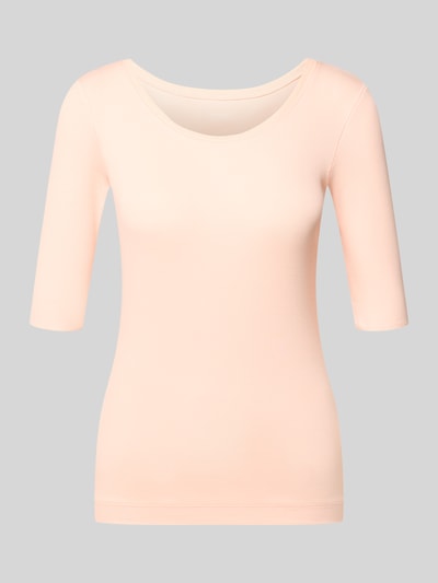 Produktfoto, T-Shirt in Ripp-Optik mit Rundhalsausschnitt von Marc Cain, damski t-shirt, mieszanka bawełny i elastanu, krój slim fit, okrągły dekolt, długość tyłu w rozmiarze 36: 57 cm, jasny kolor, gładka prążkowana faktura