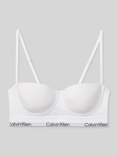 Produktfoto, Balconette BH mit Logo-Stitching von Calvin Klein Underwear aus weißem Elastischer-Material-Mix mit Modal-Anteil, sichtbarer Haken-Verschluss und verstellbare Träger, schlichte Form, glatte Struktur.