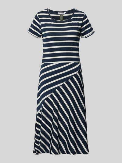 Produktfoto, midi-jurk in donkerblauw met witte blokstrepen, puur katoen, A-lijn, ronde hals, model 'Be44lissa' van ZABAIONE, ruglengte maat S 103 cm, borstwijdte 45 cm, mouwlengte 15 cm, all-over look