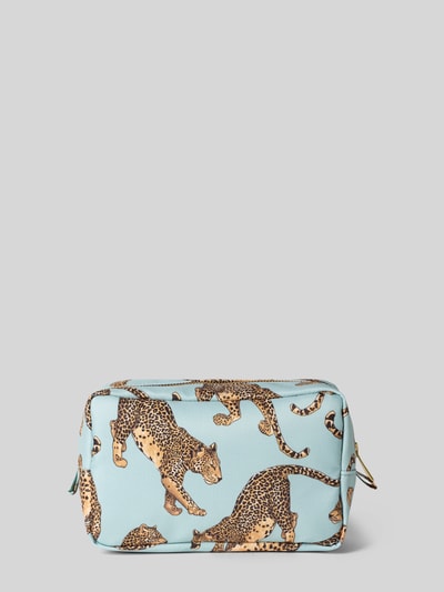 Produktfoto, Kosmetiktasche mit Label-Patch Modell 'Leopard' von WOUF, türkisfarbener Stoff mit Leopardenmuster und Reißverschluss.