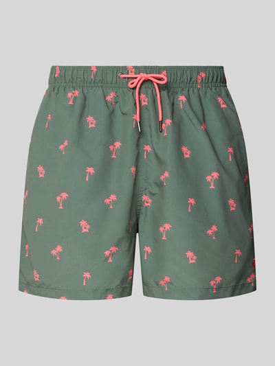 Produktfoto, Badehose mit elastischem Bund von MCNEAL in Grün mit pinkem Palmenmuster, Regular-Fit, Tunnelzug, Eingriff- und Gesäßtaschen