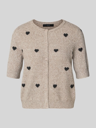 Produktfoto, Slim Fit Strickjacke mit Intarsien Modell 'DOFFY INTARSIA' von Vero Moda, Optik: Unifarben, Allover-Muster, floral, Rundhals, Knopfleiste, Kurzarm, Strick, gerippte Abschlüsse, beige mit schwarzen Details