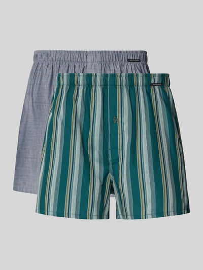 Produktfoto, Regular Fit Boxershorts aus reiner Baumwolle im 2er-Pack von SCHIESSER, einfarbig grau und grün gestreift, elastischer Bund, glatte Textur