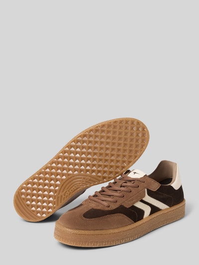 Produktfoto, Low Top Sneaker aus Leder-Mix von Tamaris in Braun-Tönen, abgerundete Spitze, Logo-Patch, gemusterte Sohle, Damen, Glatt- und Veloursleder, mehrfarbige Optik