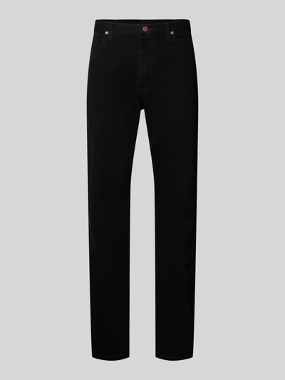 Produktfoto, Cowboy Cut Jeans im 5-Pocket-Design von Wrangler in Schwarz, reine Baumwolle, gerader Schnitt, sichtbare Nähte, glatte Textur