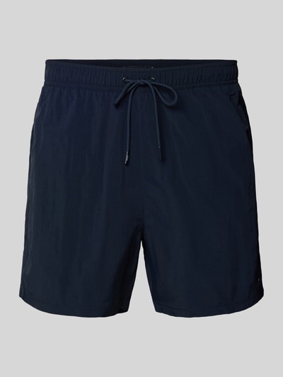 Productfoto, Regular Fit Badehose mit Logo Stitching van Tommy Hilfiger, uni donkerblauw, tunnelkoord, zijzakken, achterzak, gladde textuur