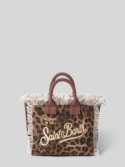 Produktfoto, Handtasche mit Fransen und Label-Print Modell 'VANITY MINI' von MC2 Saint Barth, bawełna, nadruk allover, brązowe i beżowe odcienie, główna komora na zamek, uchwyty do noszenia, pasek na ramię, Szerokość w rozmiarze 1: 19 cm, długość 17 cm, głębokość 10 cm, długość paska 74 cm