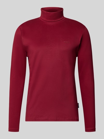 Produktfoto, Longsleeve mit Rollkragen von HECHTER PARIS, reine Baumwolle, gerade Form, weinrote Farbe, dezente Label-Details, neutraler Hintergrund