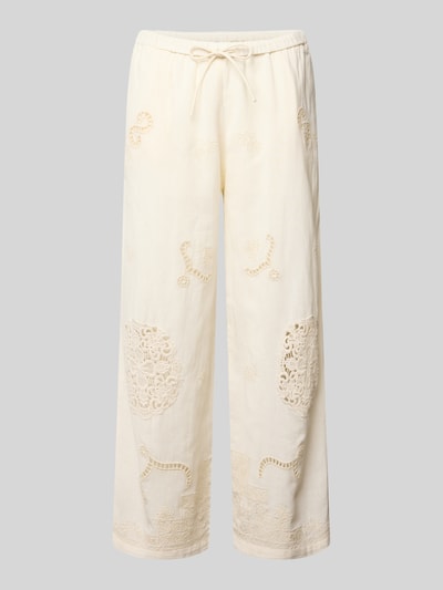 Produktfoto, Culotte mit Lochstickerei und Eingrifftaschen von Jake*s Casual, kremowy Leinen-Baumwoll-Mix, szerokie nogawki, elastyczny pas z troczkiem, francuskie kieszenie, Szerokość w rozmiarze 38: 40 cm, długość wewnętrzna nogawki: 67 cm, ażurowe wzory